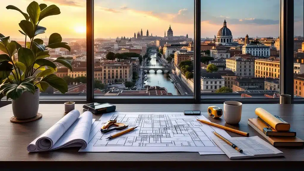 Una scrivania con progetti architettonici, matite e una tazza di caffè si affaccia su un paesaggio urbano al tramonto attraverso una grande finestra. La vista include un fiume, ponti e gli edifici storici con cupole di Geometra Roma. Sulla scrivania c'è una pianta in vaso.