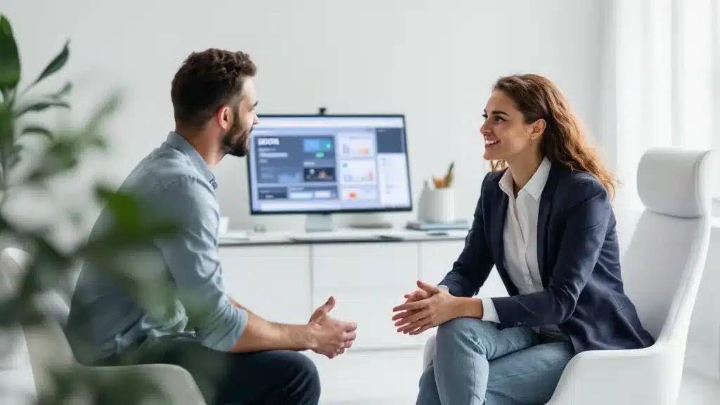 Una donna in blazer e un uomo in camicia siedono uno di fronte all'altro nell'ufficio di Servizi Geometra Marcantognini, impegnati in una conversazione. Un computer sulla scrivania visualizza grafici e dati. L'ambiente è luminoso e moderno, con piante visibili sulla sinistra.