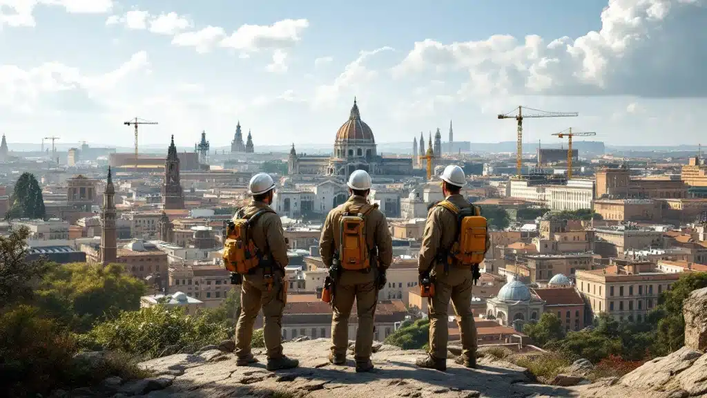 Tre persone con elmetti e zaini sono in piedi su una scogliera, con vista su un paesaggio urbano con edifici storici e gru. Lo skyline comprende cupole e guglie sotto un cielo parzialmente nuvoloso.