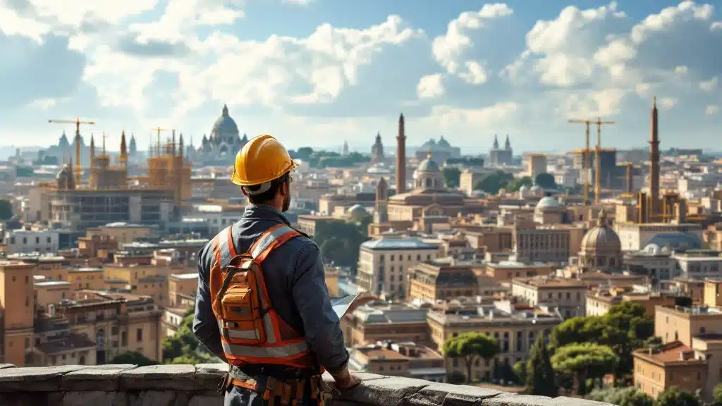 Un operaio edile che indossa un casco e un giubbotto catarifrangente tiene in mano i progetti del Geometra Marcantognini Roma mentre osserva un paesaggio urbano con architettura storica e gru. Il cielo è parzialmente nuvoloso.