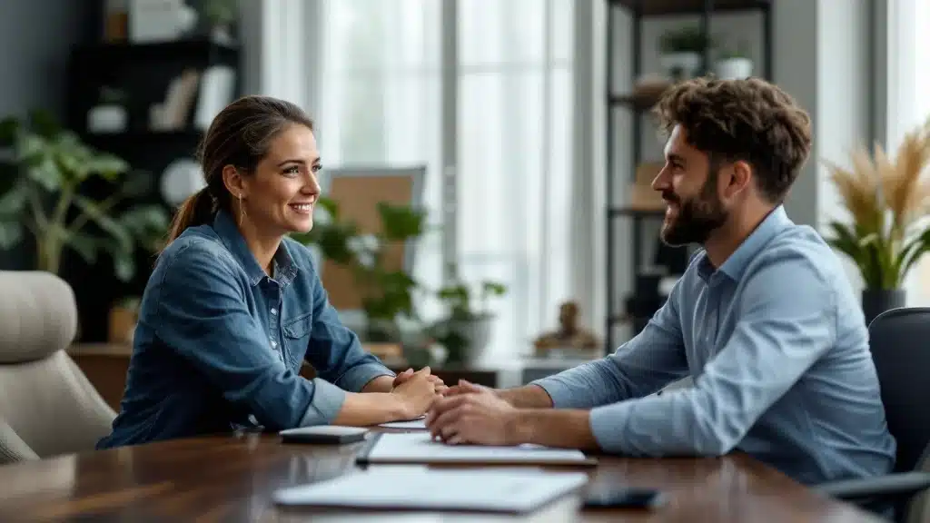 Una donna e un uomo sono seduti uno di fronte all'altro a un tavolo di legno, sorridenti e chiacchieranti. Entrambi sono vestiti in modo casual e sullo sfondo si vedono mensole con piante e decorazioni, con una morbida luce naturale che entra da grandi finestre.