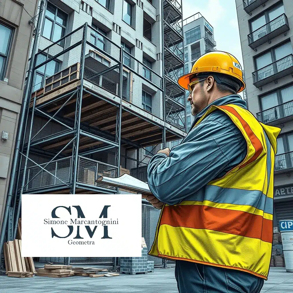 Un operaio edile con casco e giubbotto di sicurezza è in piedi con un blocco per appunti, mentre sorveglia un moderno cantiere. Sullo sfondo sono presenti impalcature e strutture incompiute. Un logo con "Simone Marcantognini Geometra" allude a competenze tratte da "Guida pratica Cila Roma.