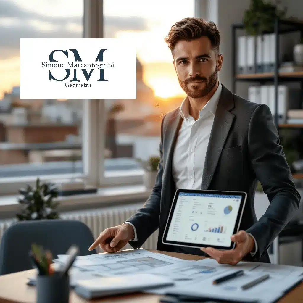 Un uomo in giacca e cravatta è in piedi in un ufficio moderno con in mano una tavoletta digitale che mostra grafici relativi alla Sanzione Cila Roma. Sulla scrivania sono presenti documenti e un computer portatile. La luce del sole filtra dalla finestra e il logo "Simone Marcantognini Geometra SM" appare nell'immagine.