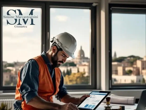 Geometra professionista a Roma che elabora una pratica CILA Roma urgente su portale SUET con planimetrie sul tavolo {{brizy_dc_image_alt entityId=